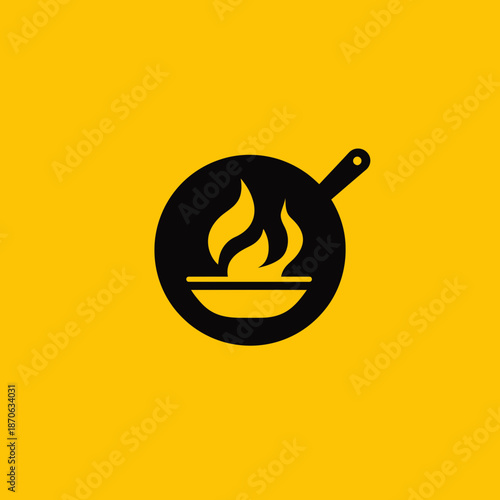 Stylized Frying Pan Icon with Flames on Yellow Background. Modern Cooking, Restaurant, and Culinary Design Symbol.