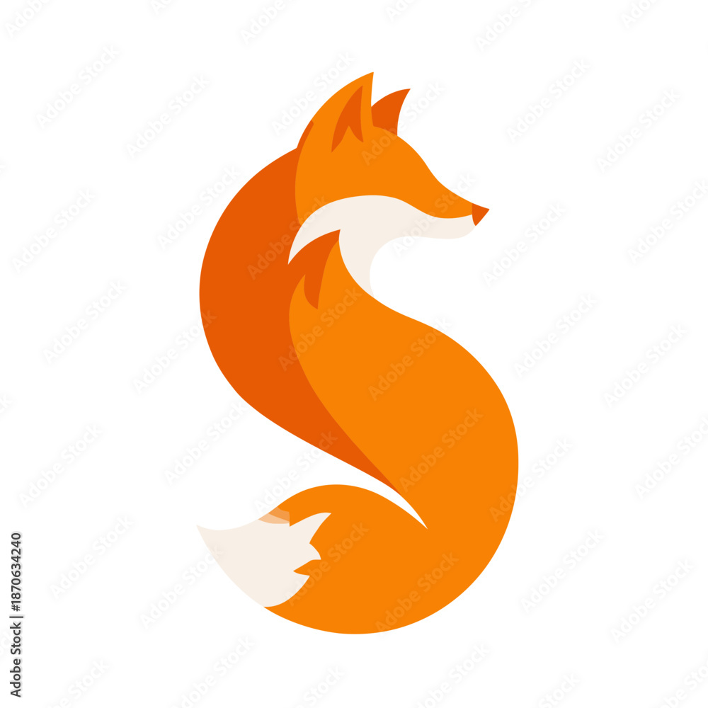 Obraz premium Modern flat design orange fox illustration, stylized into an elegant 'S' letter shape. Creative vector graphic for branding and mascots.