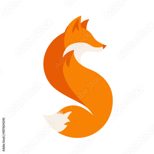 Modern flat design orange fox illustration, stylized into an elegant 'S' letter shape. Creative vector graphic for branding and mascots.