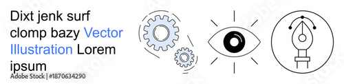 Creativity, design thinking, innovation, vision, teamwork, technology. Eye surrounded by gears and pen tool icons. Creativity and design thinking concepts with symbolic elements