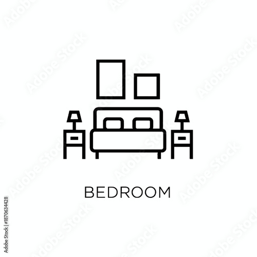 Simple black and white icon of a serene bedroom scene with a bed and nightstands from a front viewpoint