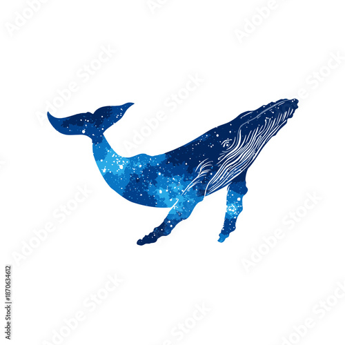 Dreamy blue whale illustration with a cosmic galaxy and starry sky texture, mystic ocean creature art on white background