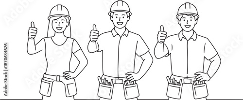 One line drawing of young happy male and female building builder groups wearing helmet giving thumbs up gesture.one line vector illustration with out background