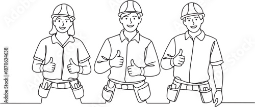 One line drawing of young happy male and female building builder groups wearing helmet giving thumbs up gesture.one line vector illustration with out background