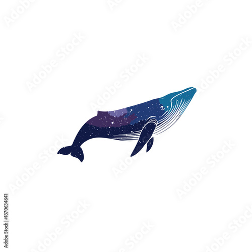 Mystical whale illustration with a cosmic galaxy and starry night sky pattern. Ethereal marine animal design featuring deep blue and purple hues.