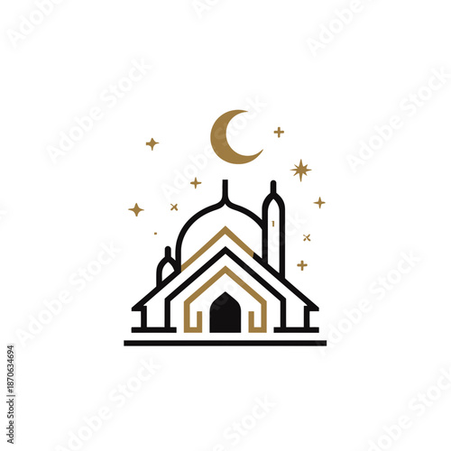 Modern minimalist mosque illustration with crescent moon and stars, iconic Islamic worship place line art for Eid or Ramadan celebration.