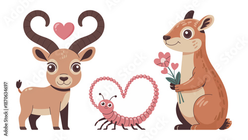 Valentine's Day Animal Love: Celebrating love, a charming antelope, a gentle prairie dog, and a cute caterpillar convey affection with heart-shaped symbols in this festive and whimsical design.