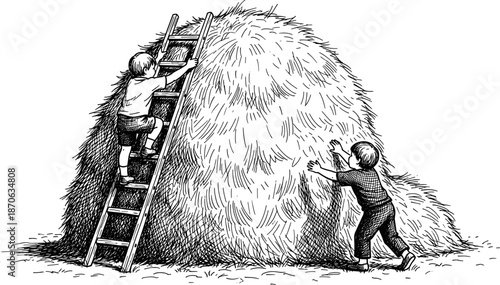 Vintage woodcut illustration of two young boys playing on a large haystack with a wooden ladder in a rural field
