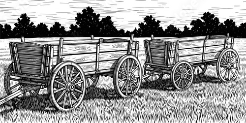 Vintage black and white woodcut illustration of two antique wooden pioneer wagons in a field, rustic western frontier transportation scene