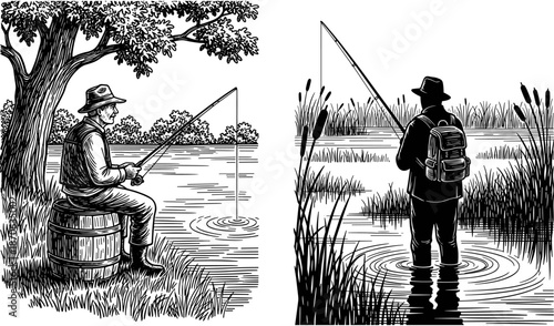 Vintage woodcut fishing and mountain landscape set with fishermen by river, rising sun over peaks, and retro linocut engraving style.