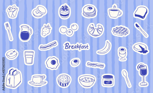 breakfast simple doodle icons elements collection set - vector illustration