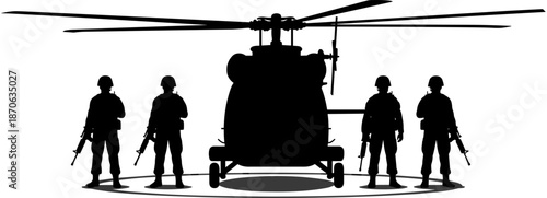 Military soldiers silhouette standing with transport helicopter, army special forces team mission, black combat troops on white background for design