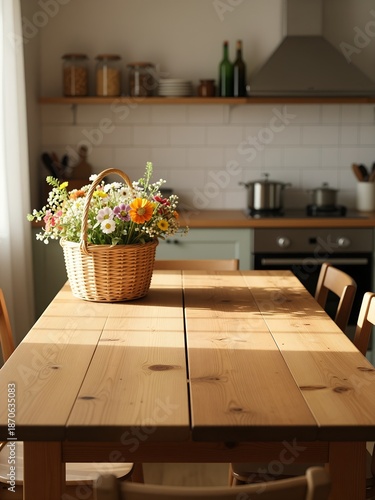 Rustic kitchen scene with flower basket and warm sunlight
