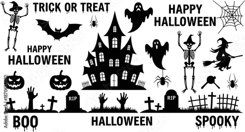 Huge Halloween silhouette set with spooky haunted house ghosts skeletons pumpkins bats graveyard and holiday greetings on white background