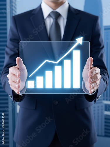 Business professional interacting with glowing digital growth chart