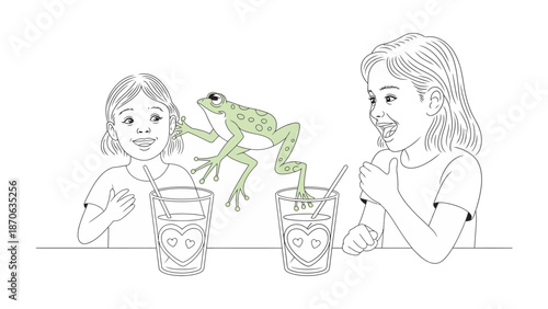 Playful Surprise: Two girls are amazed as a frog leaps from a glass of a refreshment. capturing the whimsical moments of childhood