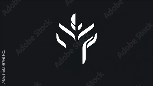 Abstract white emblem design on a dark background, minimalist style.