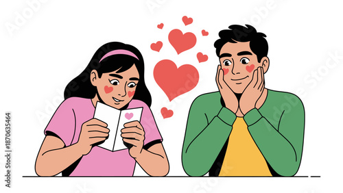 Love's Confession: A moment of tender affection unfolds as a woman reads a love letter, her heart filled with joy, while a man gazes on, his eyes reflecting the depth of his feelings.