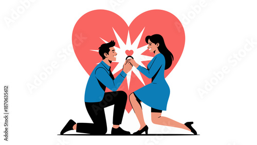 Forever Love's Promise: An illustrative depiction captures a moment of heartfelt intimacy and devotion as a couple exchanges rings in front of a giant heart symbol