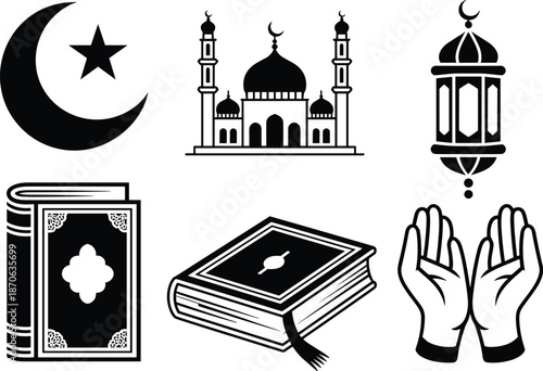 Islamic symbols and religious items on white background