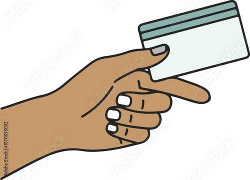 A minimalist vector illustration of a hand with a brown skin tone holding a white credit card with a blue stripe, symbolizing a personal payment or transaction.
