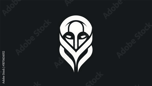 Abstract white emblem of a stylized warrior helmet on a dark background.