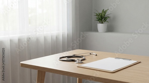 Medical Examination Room Desk with Stethoscope and Clipboard Offering a Professional Healthcare Setting