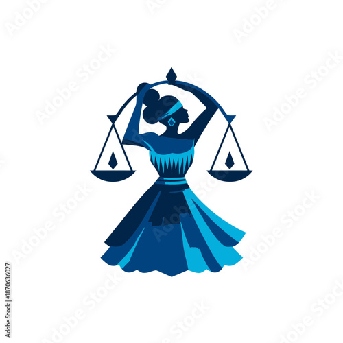 Stylized blue illustration of a female figure holding a balance scale, representing the astrological sign Libra, justice, and harmony.