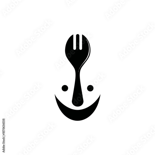 Creative happy face icon made from a spoon and fork. Playful design for food, restaurant, cafe, or dining service branding and graphics.