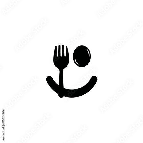 Creative minimalist black and white graphic of a happy smiling face made from a fork and abstract shapes, symbolizing food and dining.