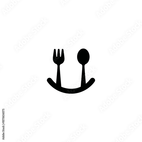 Happy dining icon with fork and spoon forming a cheerful smiley face, minimalist food restaurant logo graphic vector design.
