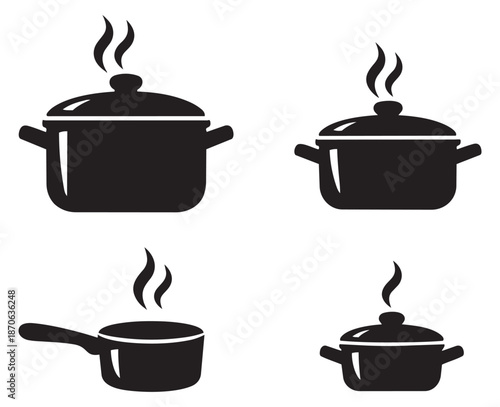 Kitchen icon cookware set featuring various steaming pots and pans for cooking and food preparation