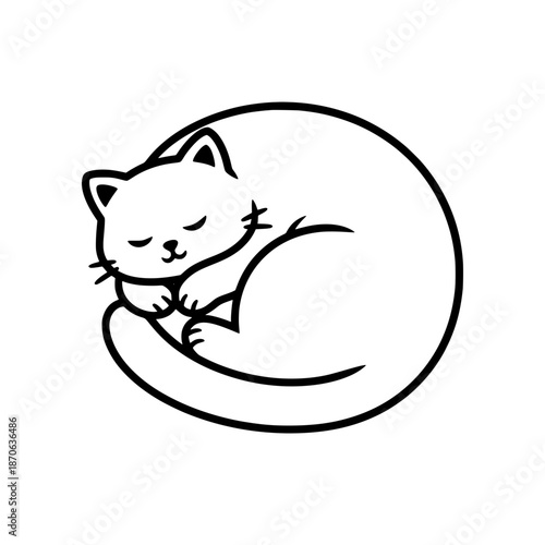 Sleeping Cat Curled Up Line Art Vector Illustration