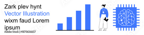 Data analytics, AI innovation, machine learning, technology advancements, business growth, education. Bar chart with increasing columns, professional figure and a microchip with brain design. Data