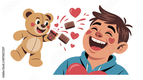 Animated Joy: A boy beams with delight as a cuddly bear shares chocolates, surrounded by hearts, evoking feelings of pure affection.