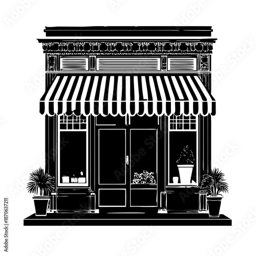 Vintage Boutique Storefront Silhouette with Striped Awning and Potted Plants