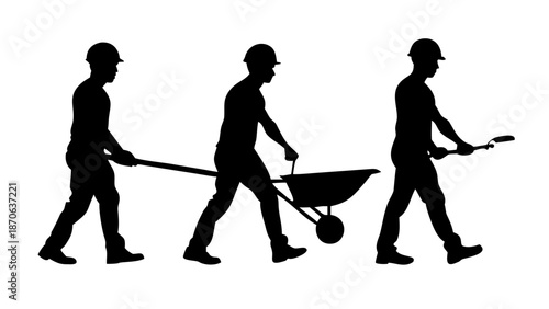 Silhouettes of Construction Workers with Tools and Wheelbarrow Isolated on White