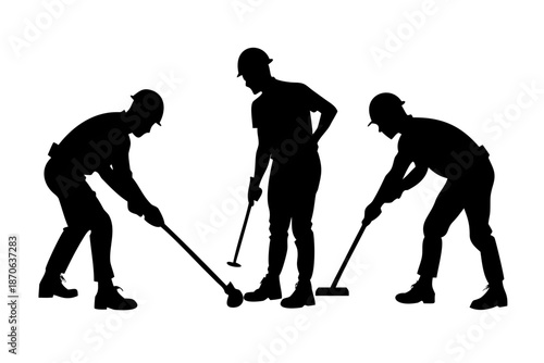 Black Silhouette of Construction Workers Using Heavy Tools and Equipment on Work Site Vector Art