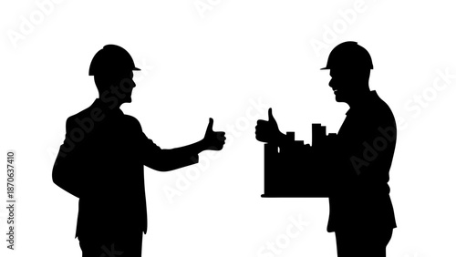 Construction Engineers Silhouette Discussing City Building Project with Blueprint and Thumbs Up Vector