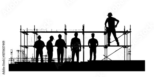 Construction Workers Silhouette on City Building Site with Scaffolding