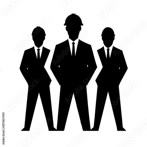 Professional Engineering Team Silhouette Vector with Group of Three Architects Wearing Hard Hats and Suits