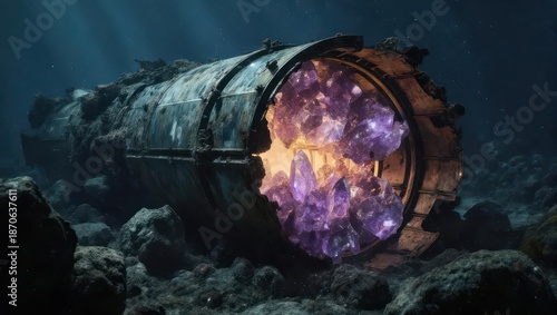 Mysterious glowing alien artifact on the ocean floor, emitting vibrant purple and orange light.