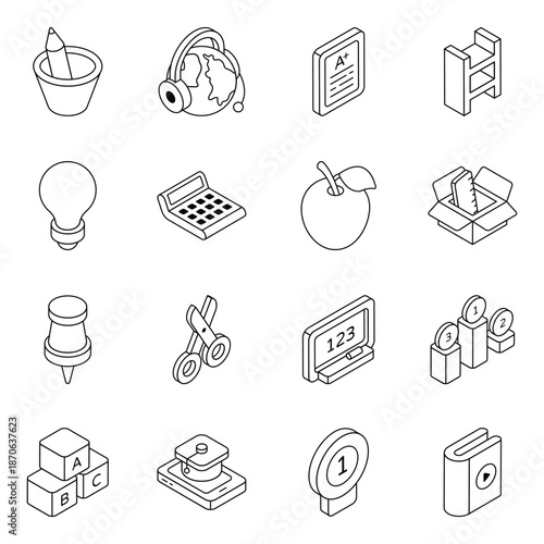 Collection of Line Style Icons for Education and Office Supplies.