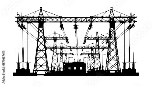High Voltage Electrical Substation Silhouette with Power Lines and Transformers Vector Art