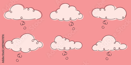 Cloud thought bubbles set on soft pink background, whimsical illustration for dreams and ideas, playful doodle style clouds collection creating calm mood for nursery and creative design use