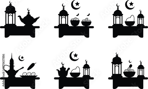 Islamic-themed silhouettes on white background