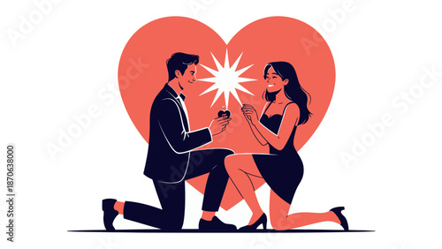 Heartfelt Proposal: A man kneels, presenting a sparkling ring to a woman, set against a heart, embodying love and commitment. 