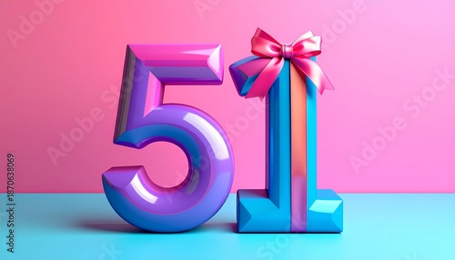 Number 51 wrapped with a festive ribbon. Image for birthday or anniversary party