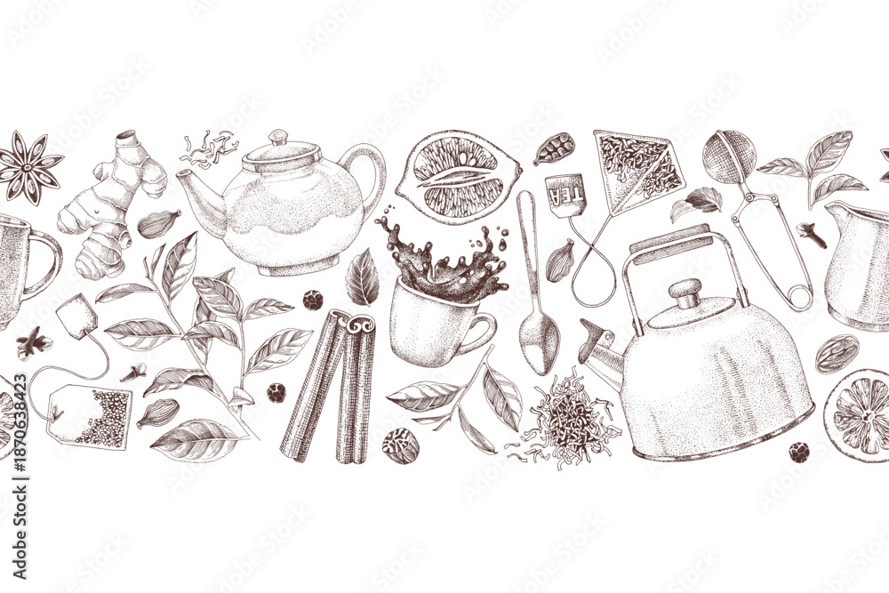 Fototapeta premium Tea hand drawn seamless border
