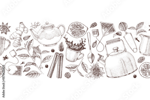 Tea hand drawn seamless border